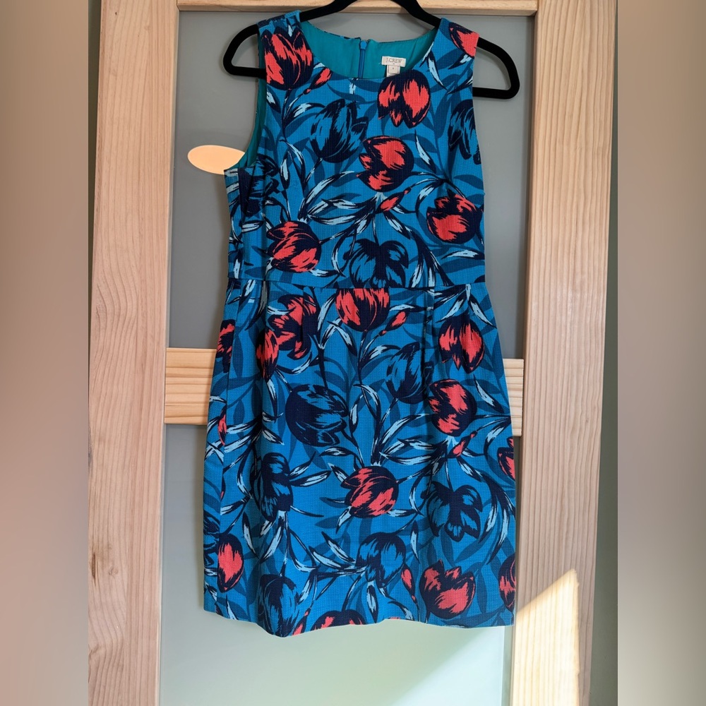 J.Crew Floral Fit & Flare Dress Blue Pink Sleeveless Garden Party